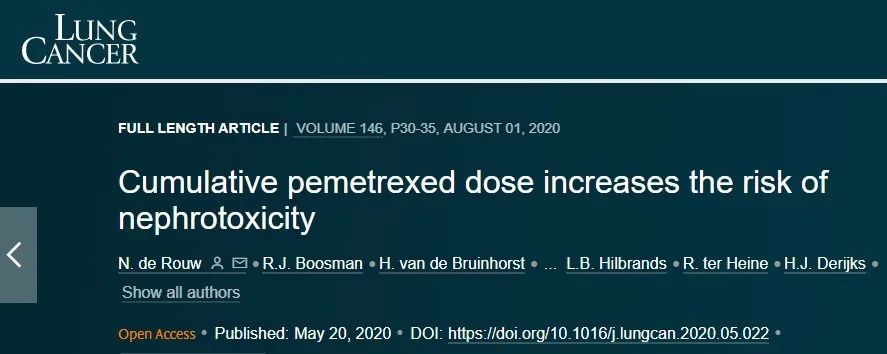 Lung Cancer杂志：接受培美曲塞的患者有发生肾功能损害的风险